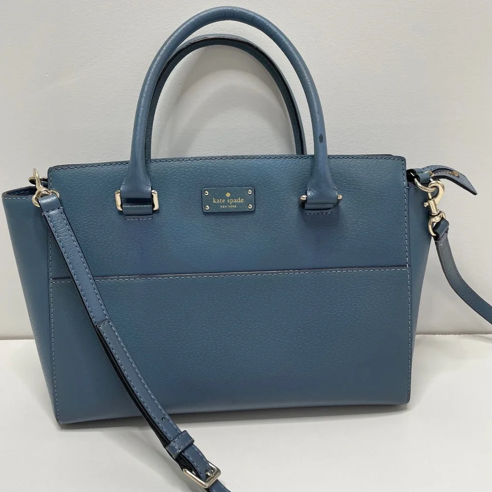 Kate Spade New York Blue Pebbled Leather Satchel Crossbody Bag Gold Hardware